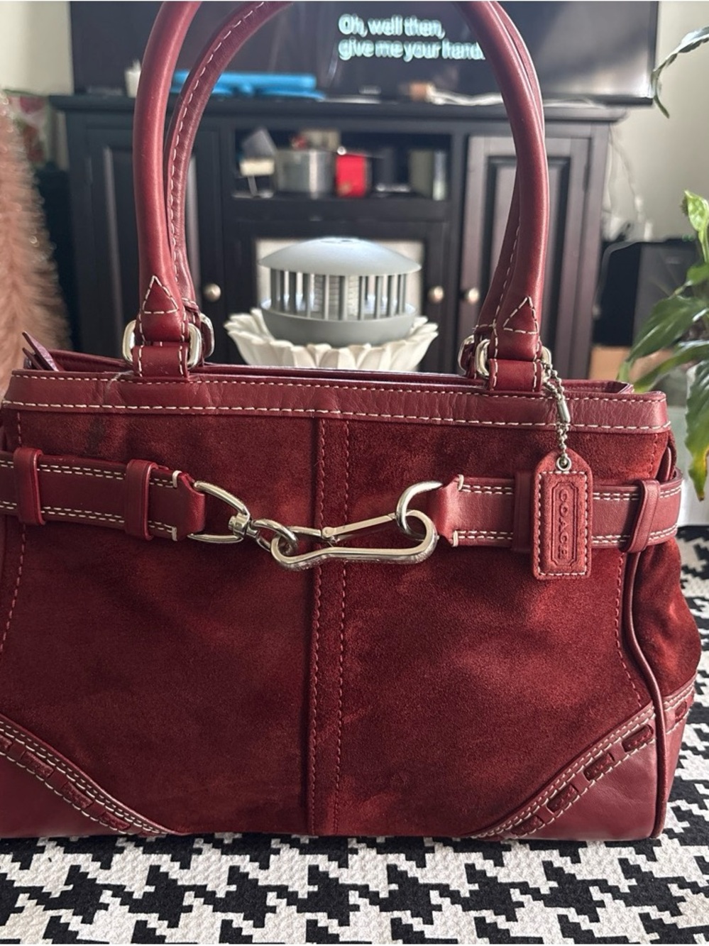 Coach Red Suede & Leather Satchel with Silver Hardware